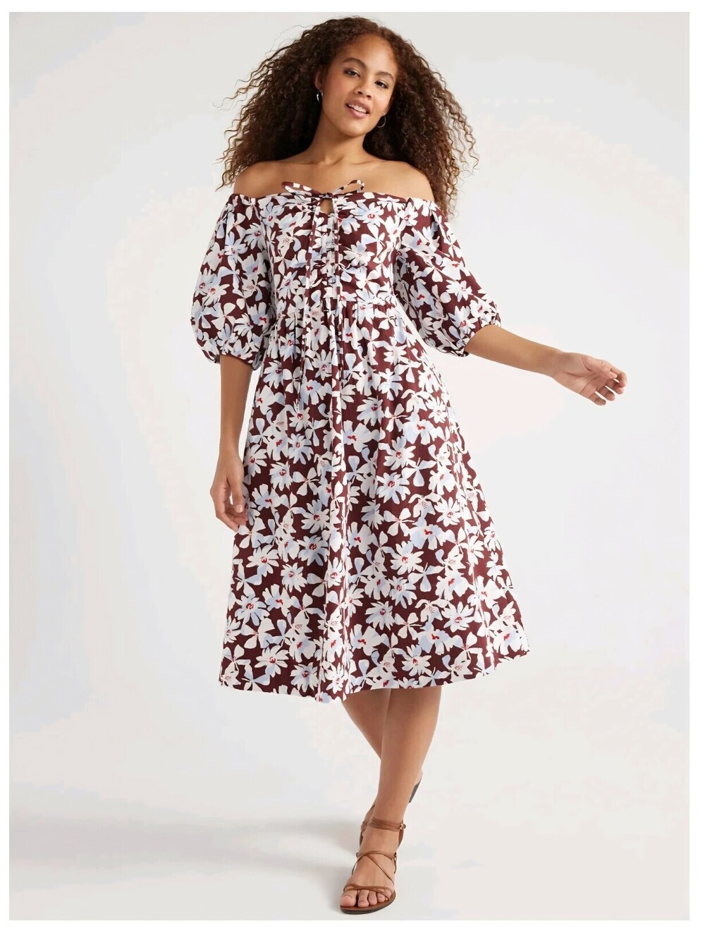 Free Assembly Off-Shoulder Floral Midi Dress with Puff Sleeves